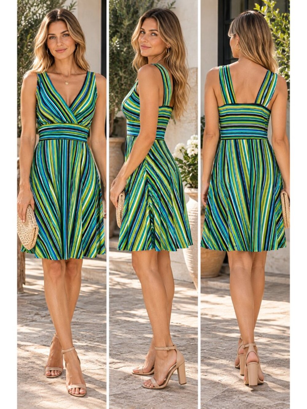 R&K Originals Sleeveless Stripe Vintage Stretch A-Line V-Neck Swing Dress 12